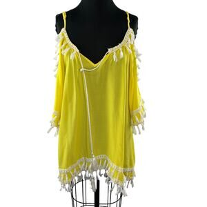 VENUS Yellow White Boho Tassel Strappy Cold Shoulder Swim Beach Cover Up Dress S